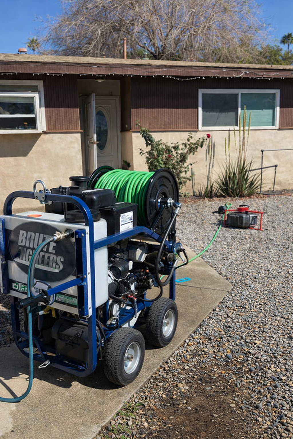 Hydro jetting equipment set up at a home for sewer and drain cleaning